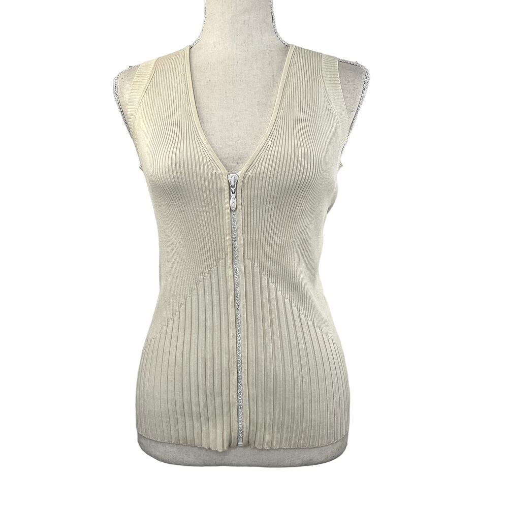Vintage 90s Cache Ribbed Silk Top Sleeveless Rhinestone Zipper